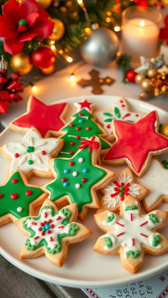 A plate of decorated Christmas sugar cookies in festive shapes with icing and sprinkles.